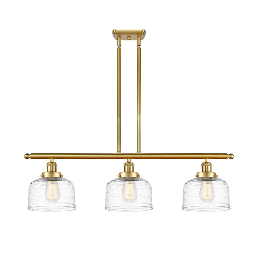 Innovations Bell 36in 3-Light Island Light | Industrial Satin Gold Steel and Clear Deco Swirl Glass | Kitchen Island & Dining Room | Model 916-3I-SG-G713
