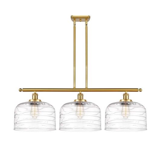 Innovations Bell 36in 3-Light Island Light | Industrial Satin Gold Steel and Clear Deco Swirl XL Glass | Kitchen Island & Dining | Model 916-3I-SG-G713-L