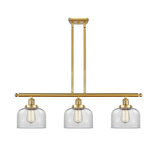 Innovations Bell 36in 3-Light Island Light | Industrial Satin Gold Steel and Clear Glass | Kitchen Island & Dining Room | 36 x 11 in | Model 916-3I-SG-G72