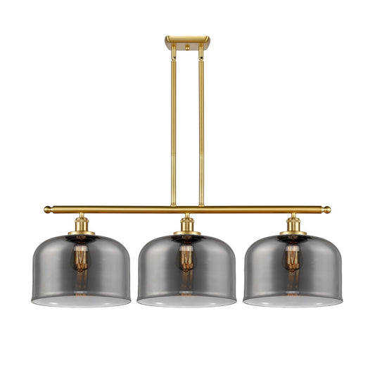 Innovations Bell 36in 3-Light Island Light | Industrial Satin Gold Steel and Light Smoke XL Glass | Kitchen Island & Dining Room | Model 916-3I-SG-G73-L