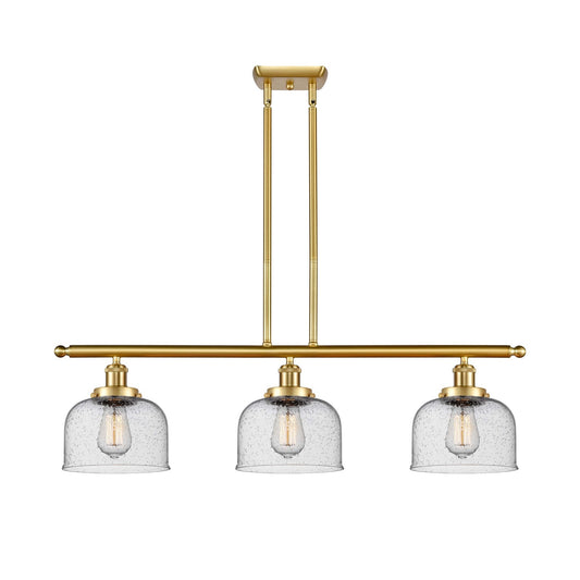 Innovations Bell 36in 3-Light Island Light | Industrial Satin Gold Steel and Seedy Glass | Kitchen Island & Dining Room | Model 916-3I-SG-G74
