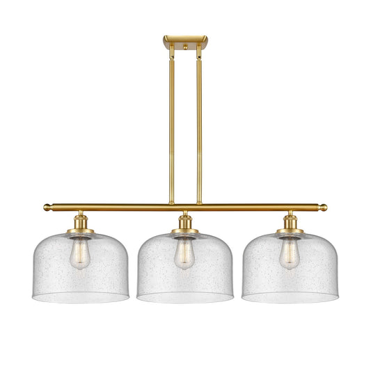 Innovations Bell 36in 3-Light Island Light | Industrial Satin Gold Steel and Cast Brass Seedy Glass | Kitchen Island & Dining Room | Model 916-3I-SG-G74-L