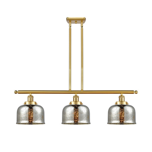 Innovations Bell 36in 3-Light Island Light | Industrial Satin Gold Steel and Cast Brass Silver Plated Mercury Glass | Kitchen Island | Model 916-3I-SG-G78