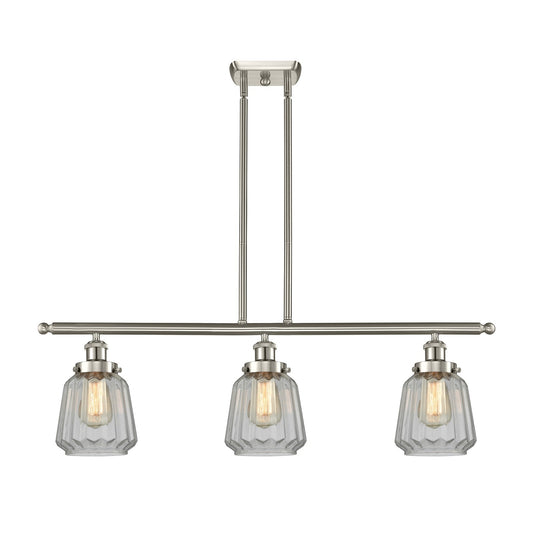Innovations Chatham 36in 3-Light Island Light | Modern Transitional Brushed Satin Nickel Steel and Clear Ribbed Glass Shade | Model 916-3I-SN-G142
