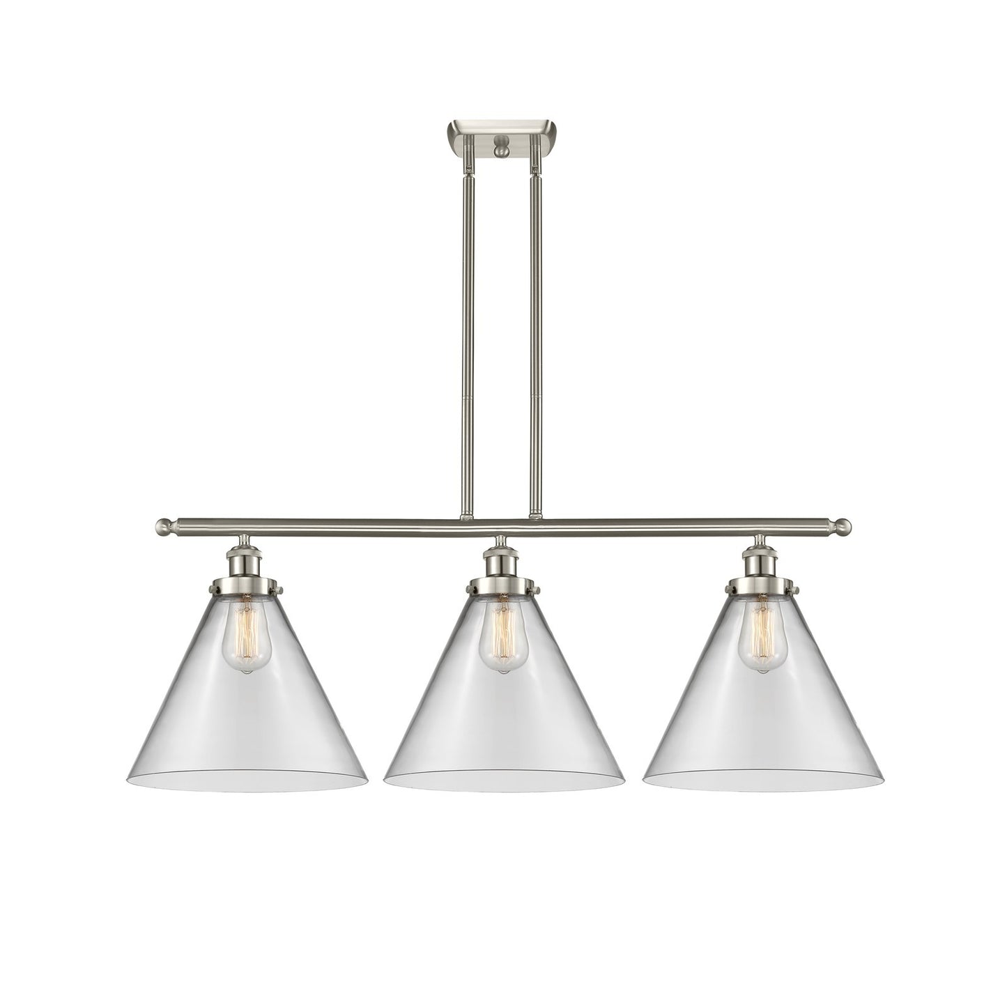 Innovations Cone 36in 3-Light Island Light | Industrial Brushed Satin Nickel Steel and Clear Glass | Kitchen Island & Dining | Model 916-3I-SN-G42-L-LED