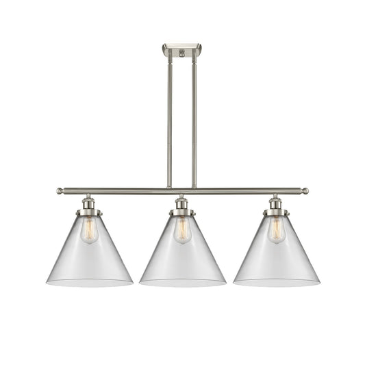Innovations Cone 36in 3-Light Island Light | Industrial Brushed Satin Nickel Steel and Clear Glass | Kitchen Island & Dining | Model 916-3I-SN-G42-L-LED
