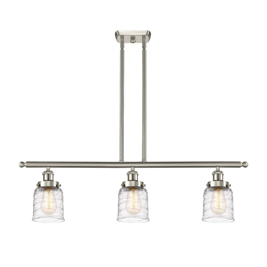 Innovations Bell 36in 3-Light Island Light | Industrial Brushed Satin Nickel Steel and Clear Deco Swirl Glass | Kitchen Island & | Model 916-3I-SN-G513