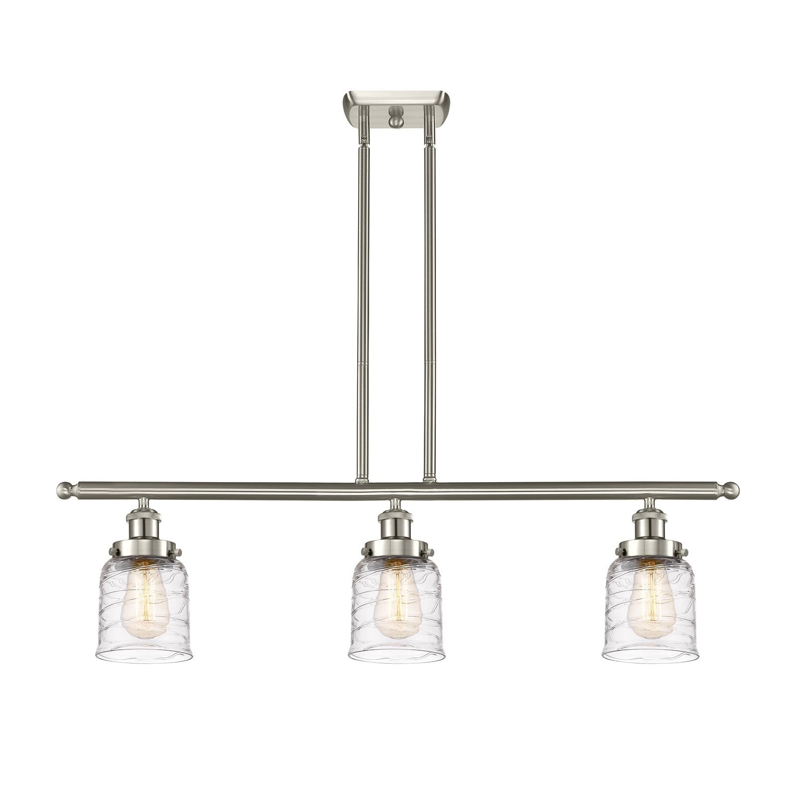 Innovations Bell 36in 3-Light Island Light | Industrial Brushed Satin Nickel Steel and Clear Deco Swirl Glass | Kitchen Island | Model 916-3I-SN-G513-LED