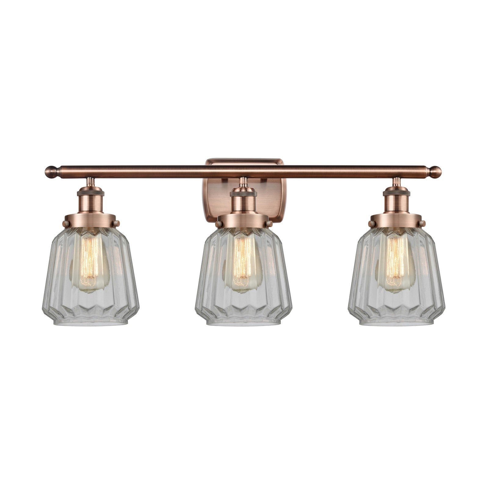 Innovations Chatham 27in 3-Light Bath Vanity Light | Modern Transitional Antique Copper Steel and Clear Ribbed Glass | Bathroom | Model 916-3W-AC-G142