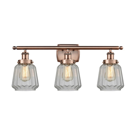 Innovations Chatham 27in 3-Light Bath Vanity Light | Modern Transitional Antique Copper Steel and Clear Ribbed Glass | Bathroom | Model 916-3W-AC-G142