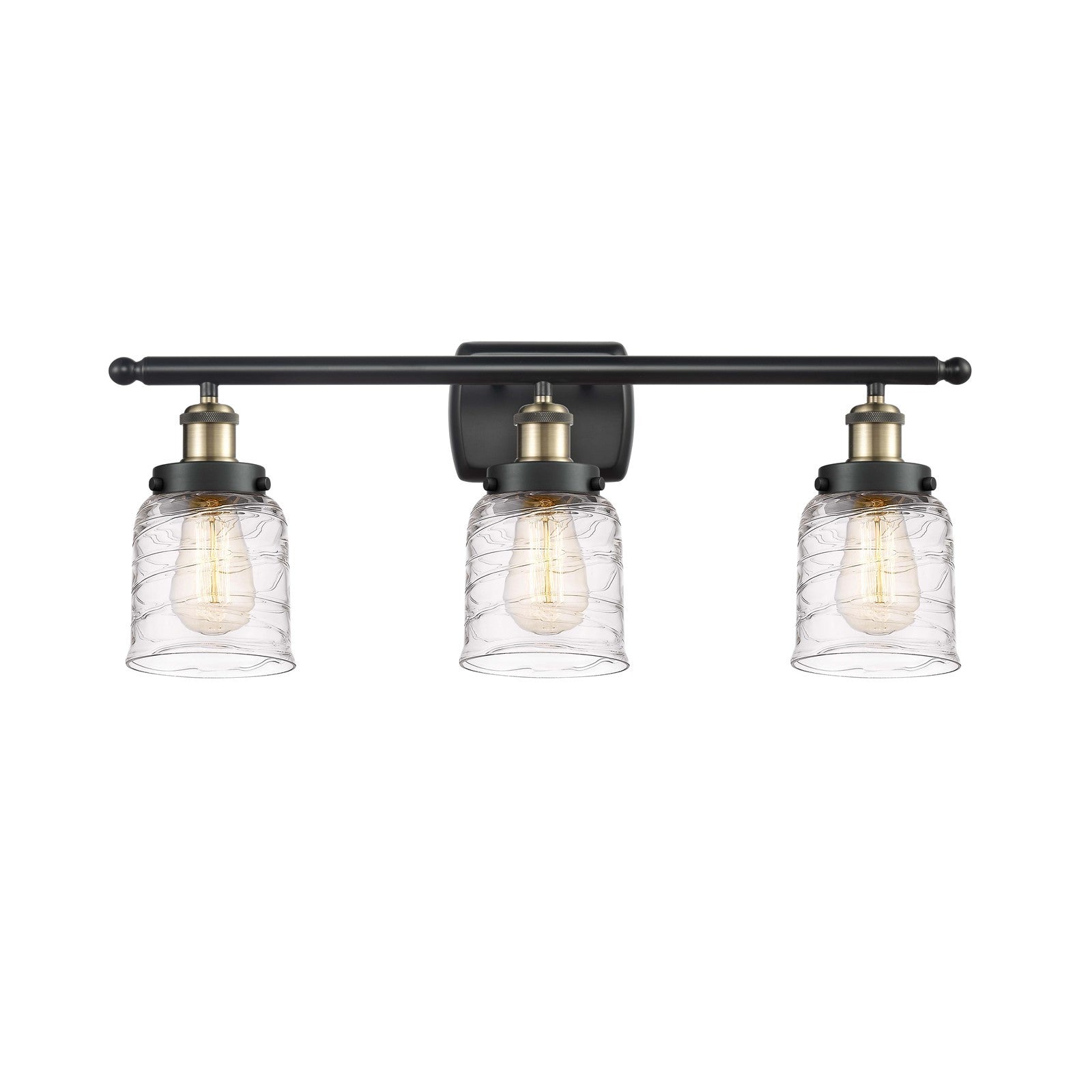 Innovations Bell 26in 3-Light Bath Vanity Light | Industrial Black Antique Brass and Clear Deco Swirl Glass | Bathroom Vanity | Model 916-3W-BAB-G513
