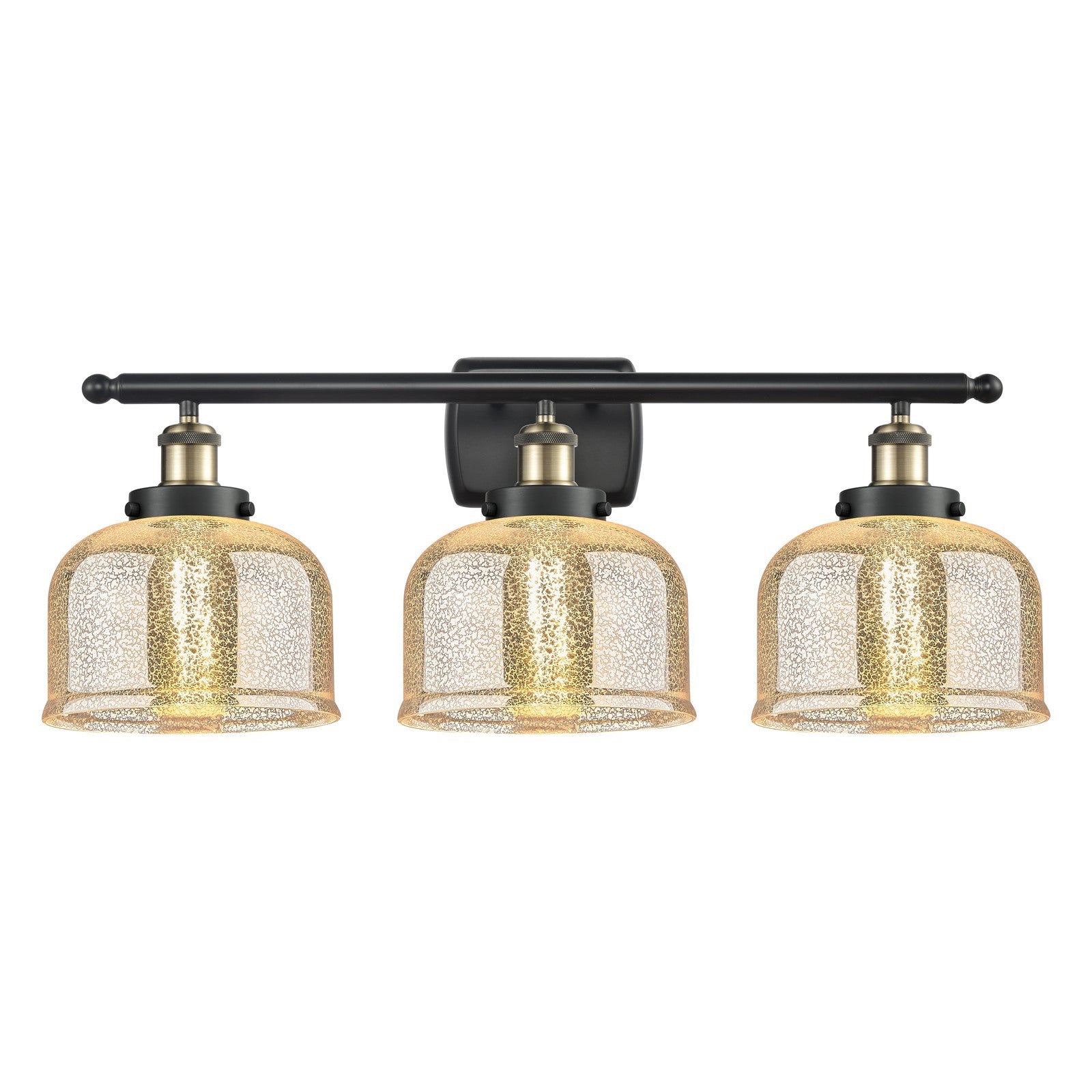 Innovations Bell 28in 3-Light Bath Vanity Light with LED | Industrial Black Antique Brass and Silver Plated Mercury Glass | Model 916-3W-BAB-G78-LED