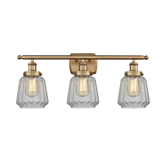 Innovations Chatham 27in 3-Light Bath Vanity Light | Brushed Brass Steel and Clear Ribbed Glass | Bathroom Vanity | Model 916-3W-BB-G142