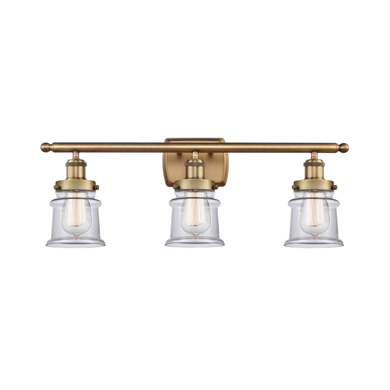 Innovations Canton 25.25in 3-Light Bath Vanity Light | Modern Transitional Brushed Brass and Clear Glass Schoolhouse Shade | Model 916-3W-BB-G182S