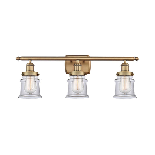 Innovations Canton 25.25in 3-Light Bath Vanity Light | Modern Transitional Brushed Brass and Clear Glass Schoolhouse Shade | Model 916-3W-BB-G182S