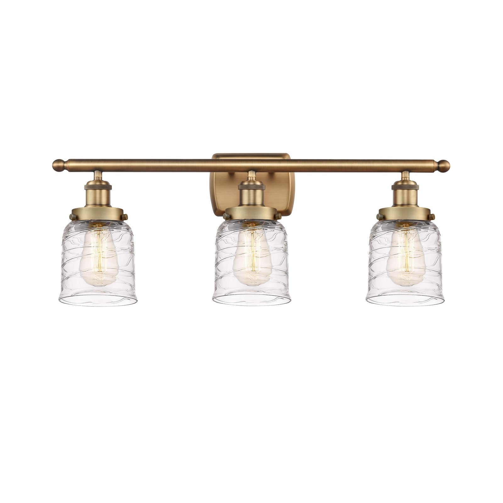 Innovations Bell 26in 3-Light Bath Vanity Light | Brushed Brass Steel and Clear Deco Swirl Glass | Bathroom Vanity | 26 x 12 in | Model 916-3W-BB-G513