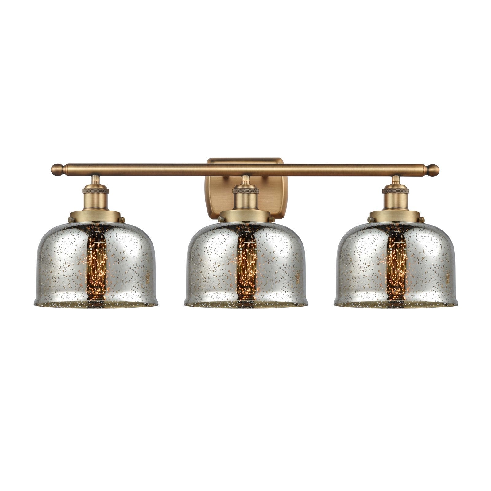 Innovations Bell 28in 3-Light Bath Vanity Light | Industrial Brushed Brass and Silver Plated Mercury Glass | Bathroom Vanity | Model 916-3W-BB-G78