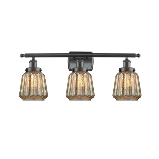Innovations Chatham 27in 3-Light Bath Vanity Light | Modern Matte Black Steel and Mercury Ribbed Glass | Bathroom Vanity | Model 916-3W-BK-G146