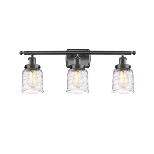 Innovations Bell 26in 3-Light Bath Vanity Light | Industrial Transitional Matte Black Steel and Clear Deco Swirl Glass | Bathroom | Model 916-3W-BK-G513
