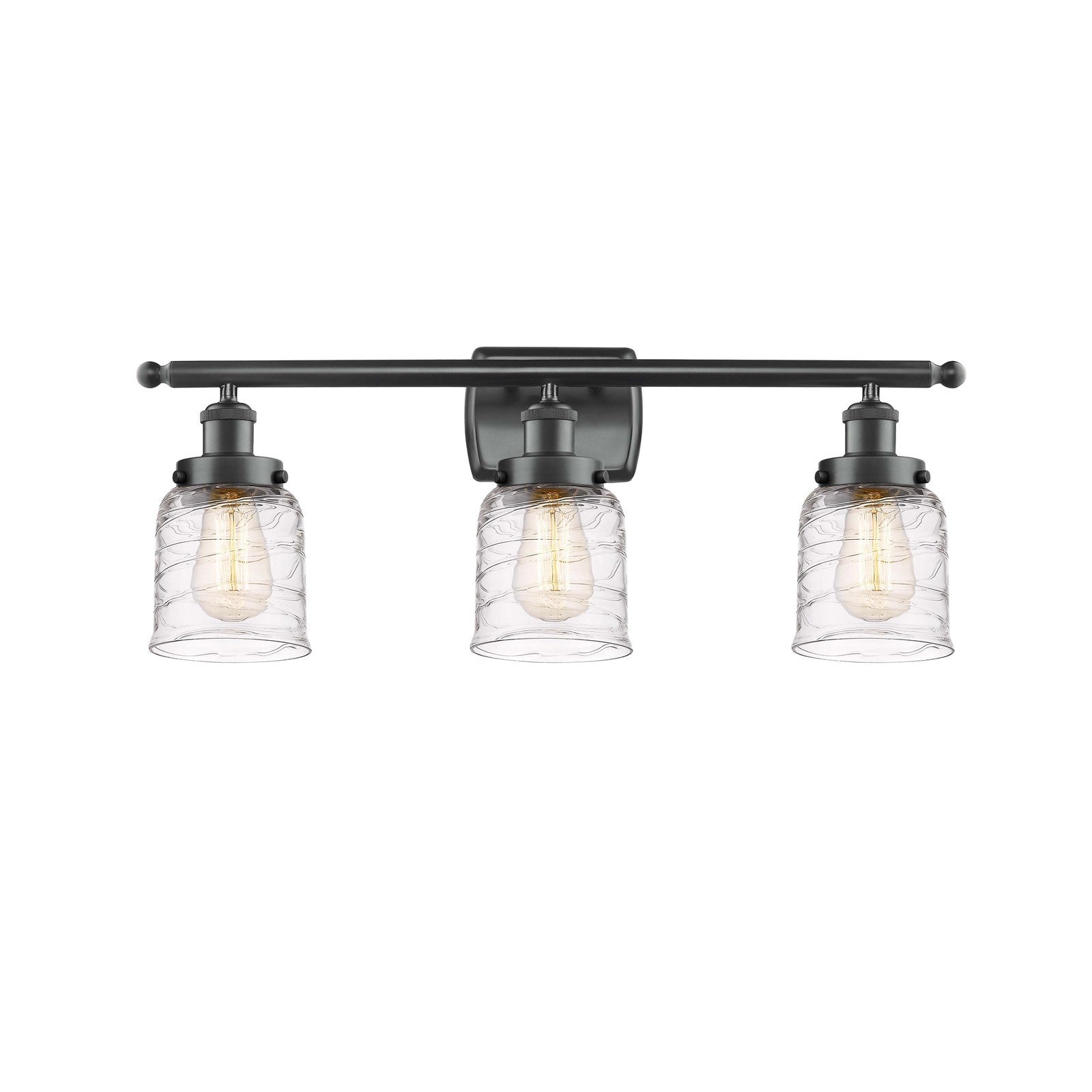 Innovations Bell 26in 3-Light Bath Vanity Light | Industrial Transitional Matte Black Steel and Clear Deco Swirl Glass | Model 916-3W-BK-G513-LED