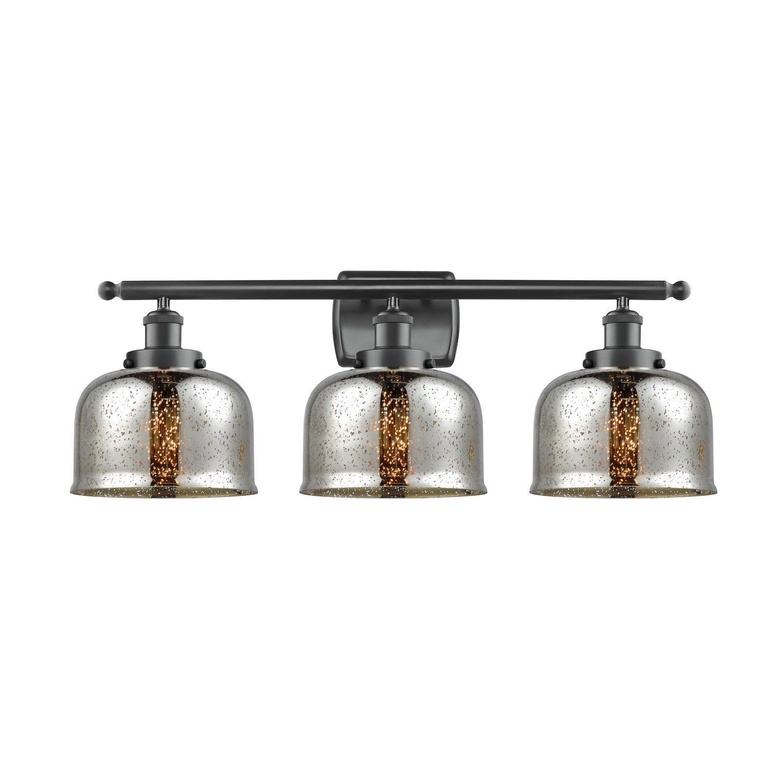 Innovations Bell 28in 3-Light Bath Vanity Light | Industrial Matte Black Steel and Silver Plated Mercury Glass | Bathroom Vanity | Model 916-3W-BK-G78-LED