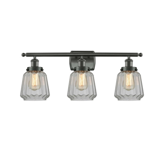 Innovations Chatham 27in 3-Light Bath Vanity Light | Modern Transitional Oil Rubbed Bronze Steel and Clear Ribbed Glass | Bathroom | Model 916-3W-OB-G142