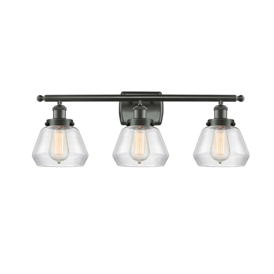 Innovations Fulton 27in 3-Light Bath Vanity Light | Modern Transitional Oil Rubbed Bronze Steel and Clear Glass Schoolhouse Shade | Model 916-3W-OB-G172
