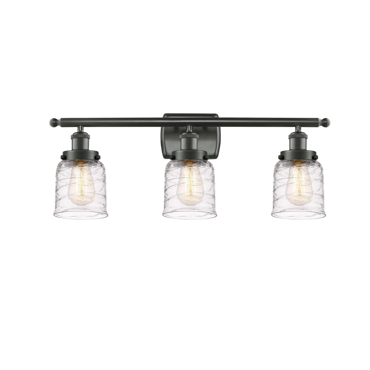 Innovations Bell 26in 3-Light Bath Vanity Light | Industrial Oil Rubbed Bronze Steel and Clear Deco Swirl Glass | Bathroom Vanity & | Model 916-3W-OB-G513