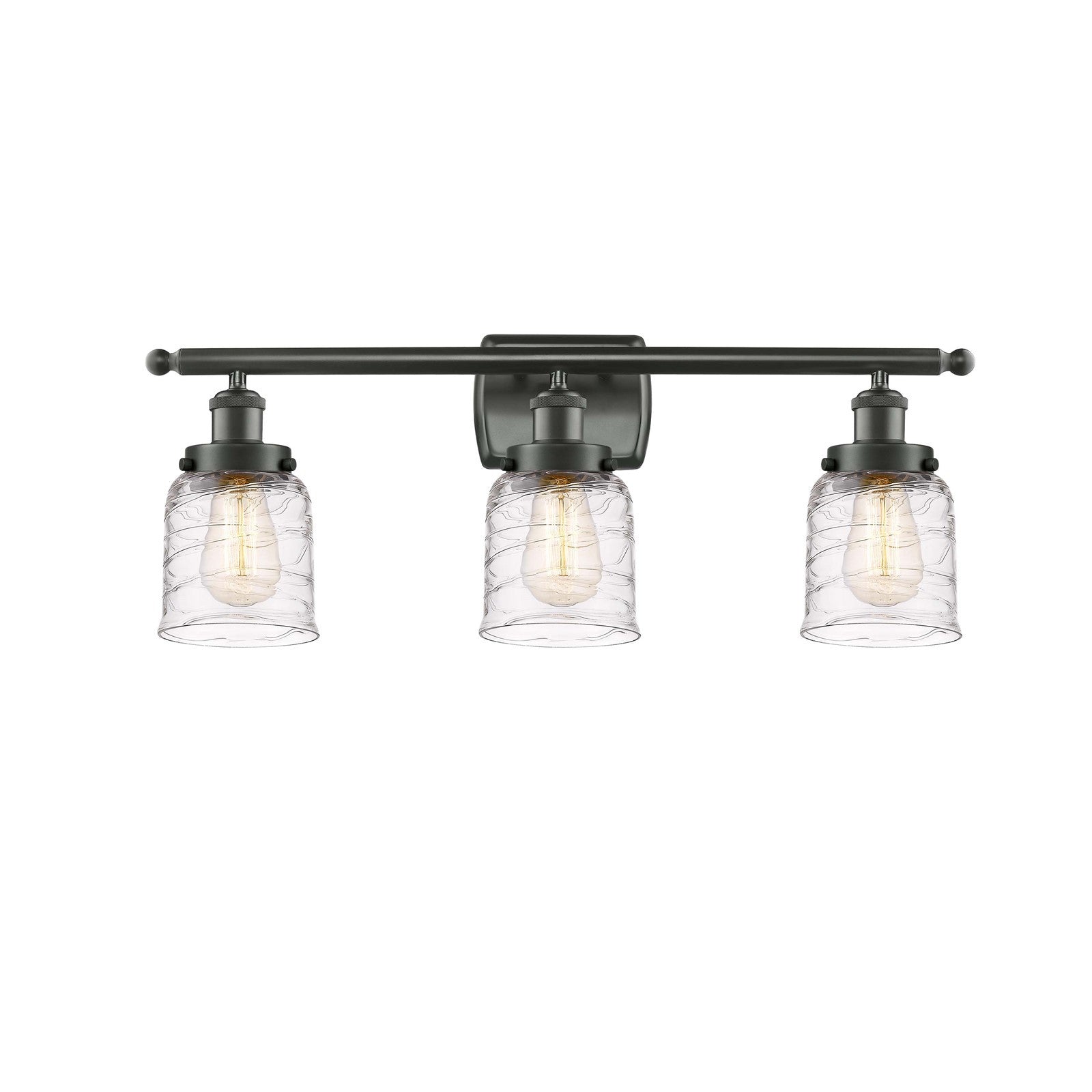 Innovations Bell 26in 3-Light Bath Vanity Light | Industrial Oil Rubbed Bronze Steel and Clear Deco Swirl Glass | Bathroom Vanity & | Model 916-3W-OB-G513