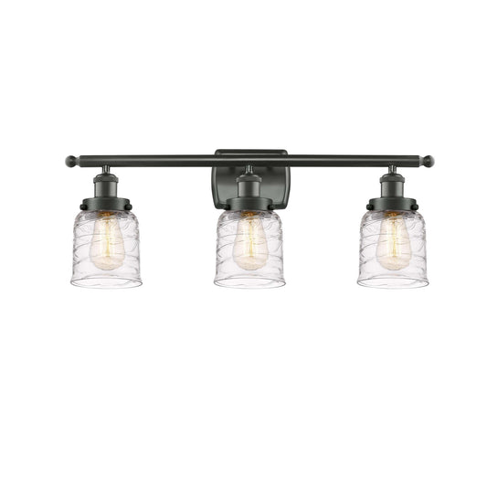 Innovations Bell 26in 3-Light Bath Vanity Light | Industrial Oil Rubbed Bronze Steel and Clear Deco Swirl Glass | Bathroom | Model 916-3W-OB-G513-LED