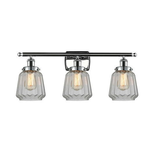 Innovations Chatham 27in 3-Light Bath Vanity Light | Modern Polished Chrome Steel and Clear Ribbed Glass | Bathroom Vanity | Model 916-3W-PC-G142