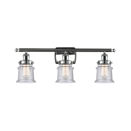 Innovations Canton 26in 3-Light Bath Vanity Light | Modern Contempo Polished Chrome and Seedy Glass Schoolhouse Shade | Bathroom | Model 916-3W-PC-G184S