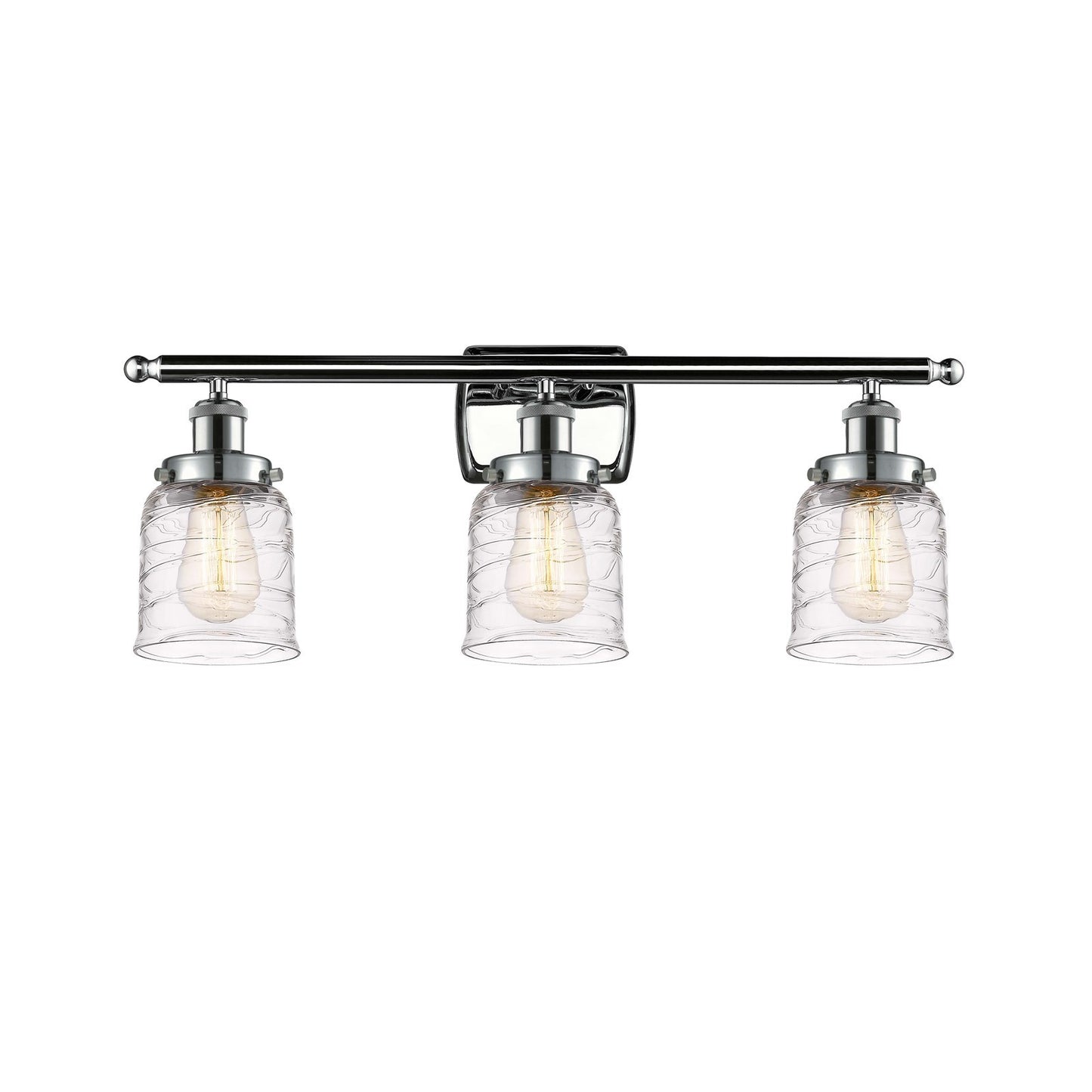 Innovations Bell 26in 3-Light Bath Vanity Light | Industrial Polished Chrome and Clear Deco Swirl Glass Bell Shade | Bathroom | Model 916-3W-PC-G513