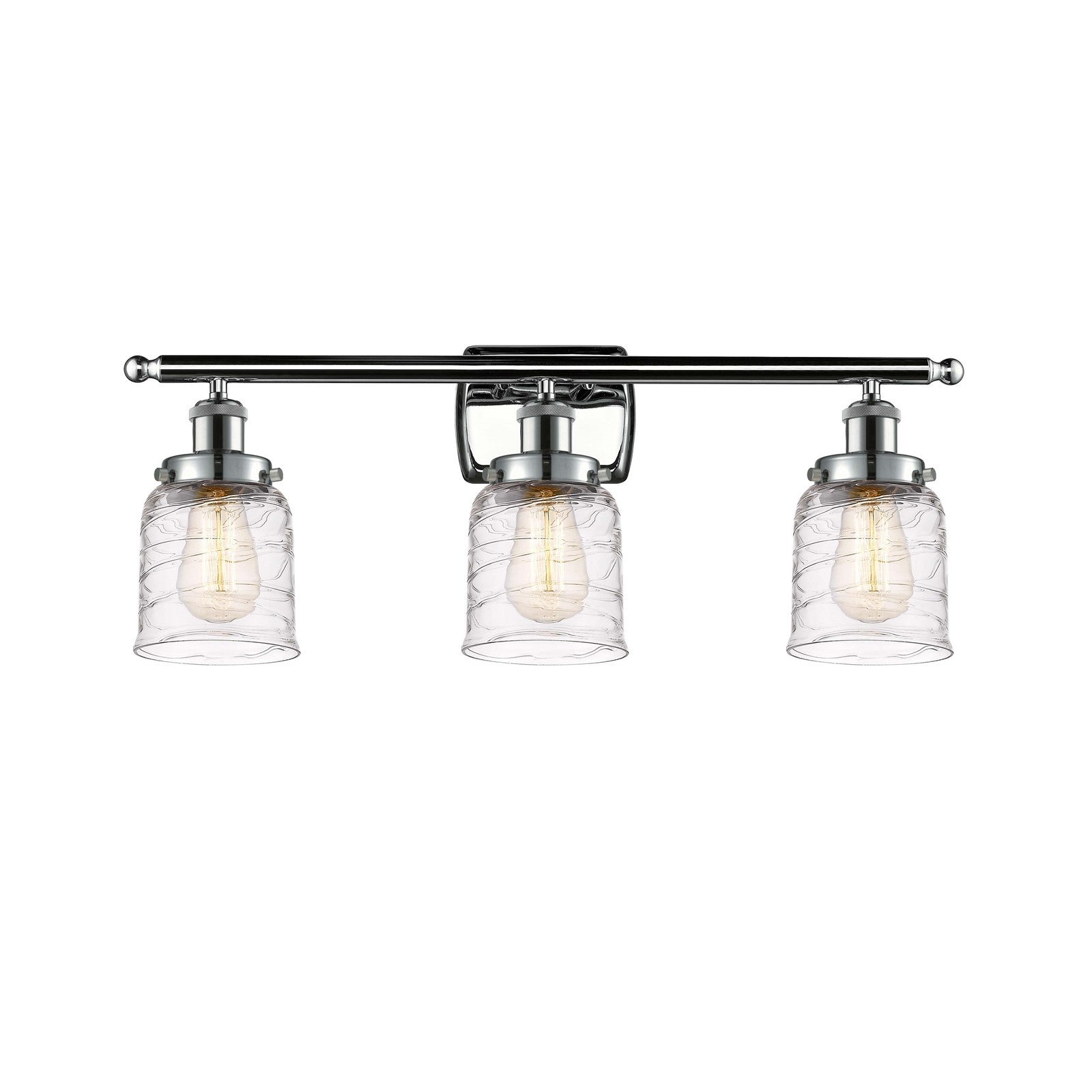 Innovations Bell 26in 3-Light Bath Vanity Light | Industrial Polished Chrome and Clear Deco Swirl Glass Bell Shade | Bathroom | Model 916-3W-PC-G513