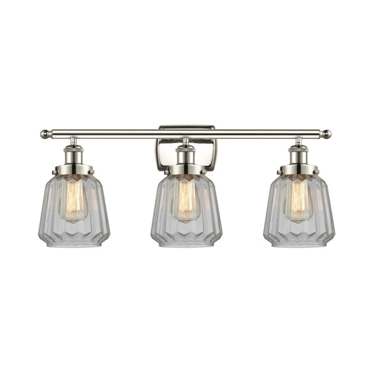 Innovations Chatham 27in 3-Light Bath Vanity Light | Modern Contemporary Polished Nickel and Clear Ribbed Glass | Bathroom Vanity | Model 916-3W-PN-G142