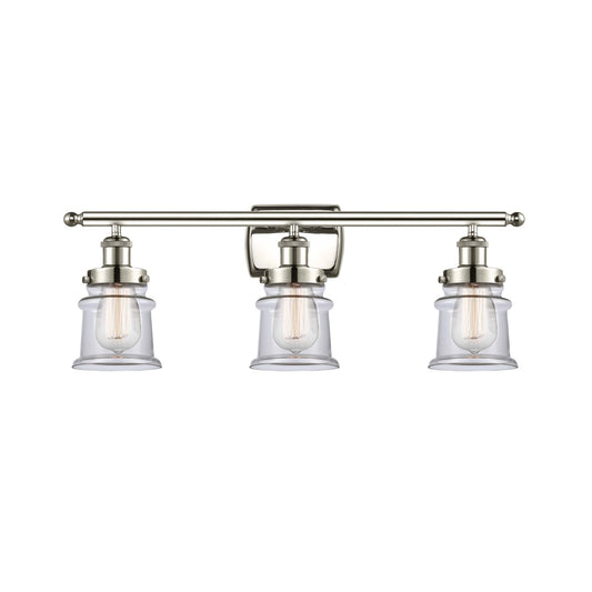 Innovations Canton 25.25in 3-Light Bath Vanity Light | Modern Transitional Polished Nickel Steel and Clear Glass Schoolhouse Shade | Model 916-3W-PN-G182S