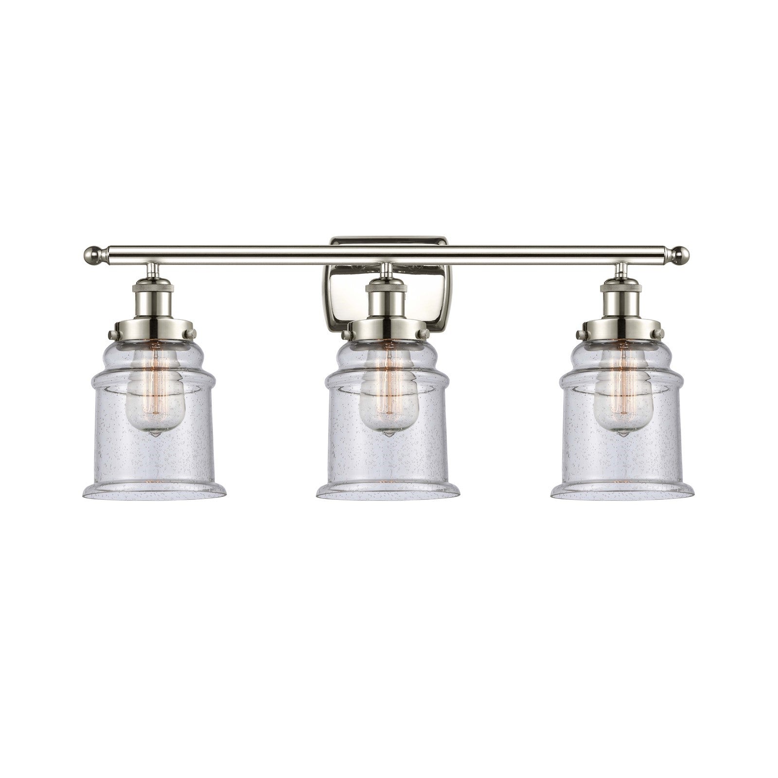 Innovations Canton 26in 3-Light Bath Vanity Light | Modern Transitional Polished Nickel Steel and Seedy Glass Schoolhouse Shade | Model 916-3W-PN-G184