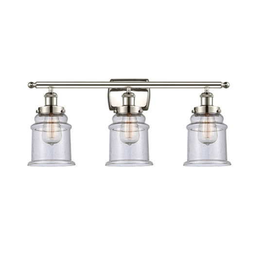 Innovations Canton 26in 3-Light Bath Vanity Light | Modern Transitional Polished Nickel Steel and Seedy Glass Schoolhouse Shade | Model 916-3W-PN-G184