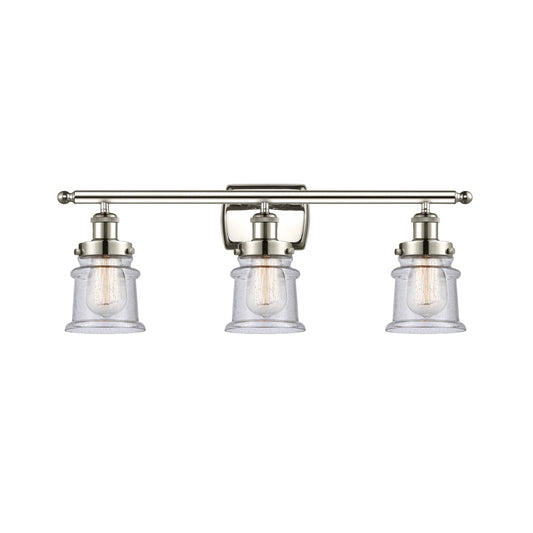 Innovations Canton 25.25in 3-Light Bath Vanity Light | Modern Transitional Polished Nickel Steel and Seedy Glass Schoolhouse Shade | Model 916-3W-PN-G184S