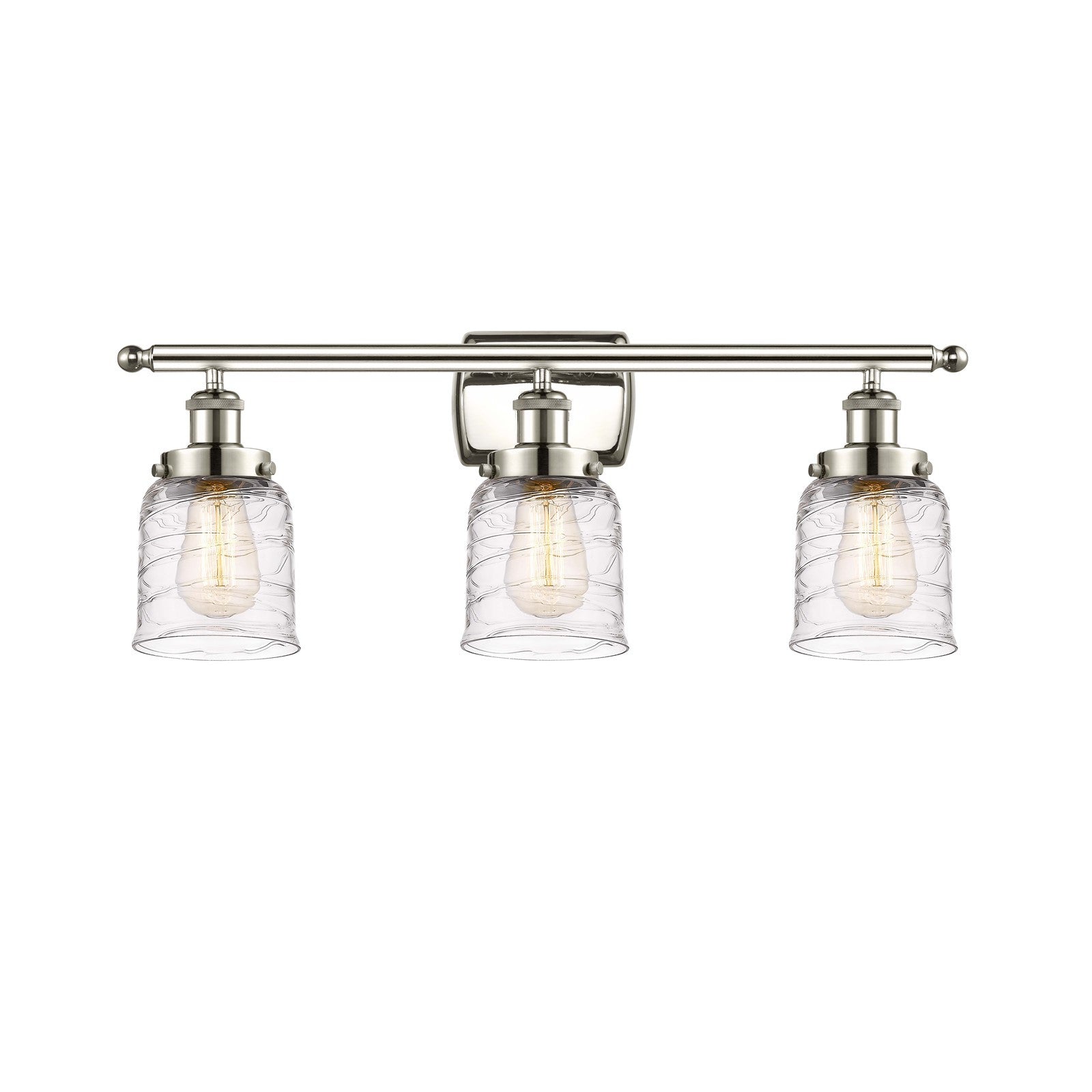 Innovations Bell 26in 3-Light Bath Vanity Light | Industrial Transitional Polished Nickel and Clear Deco Swirl Glass | Bathroom | Model 916-3W-PN-G513