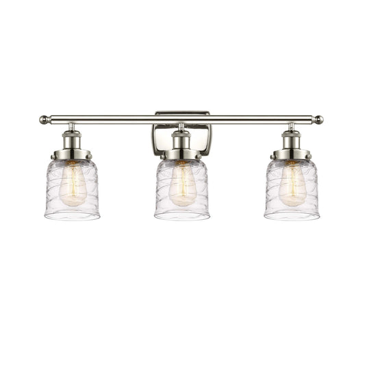 Innovations Bell 26in 3-Light Bath Vanity Light | Industrial Transitional Polished Nickel and Clear Deco Swirl Glass | Bathroom | Model 916-3W-PN-G513-LED
