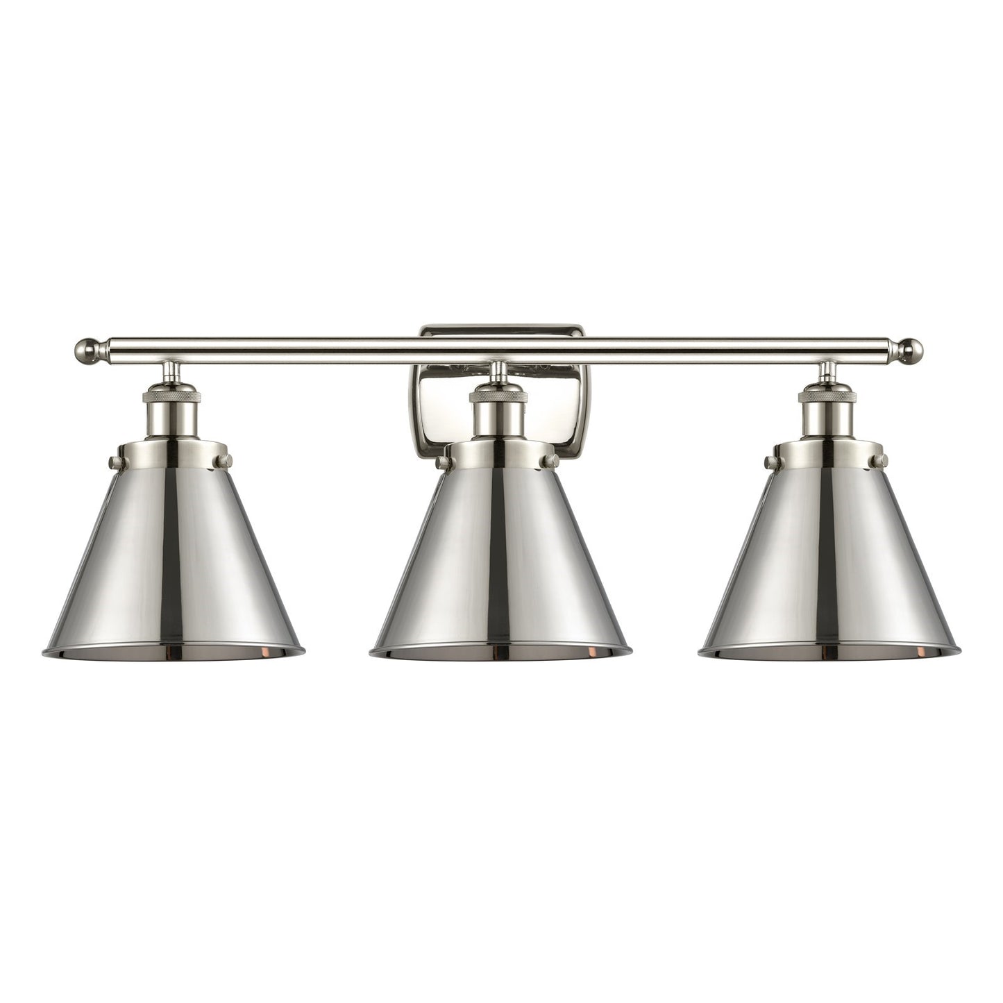 Innovations Appalachian 26in 3-Light Bath Vanity Light | Industrial Farmhouse Polished Nickel Steel and Metal Cone Shades | Model 916-3W-PN-M13-PN-LED