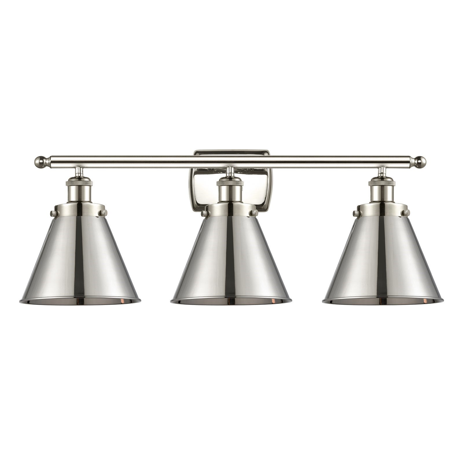 Innovations Appalachian 26in 3-Light Bath Vanity Light | Industrial Farmhouse Polished Nickel Steel and Metal Cone Shades | Model 916-3W-PN-M13-PN-LED
