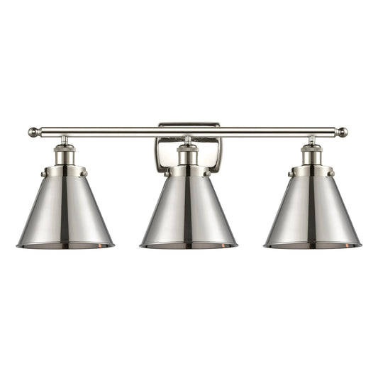 Innovations Appalachian 26in 3-Light Bath Vanity Light | Industrial Farmhouse Polished Nickel Steel and Metal Cone Shades | Model 916-3W-PN-M13-PN-LED