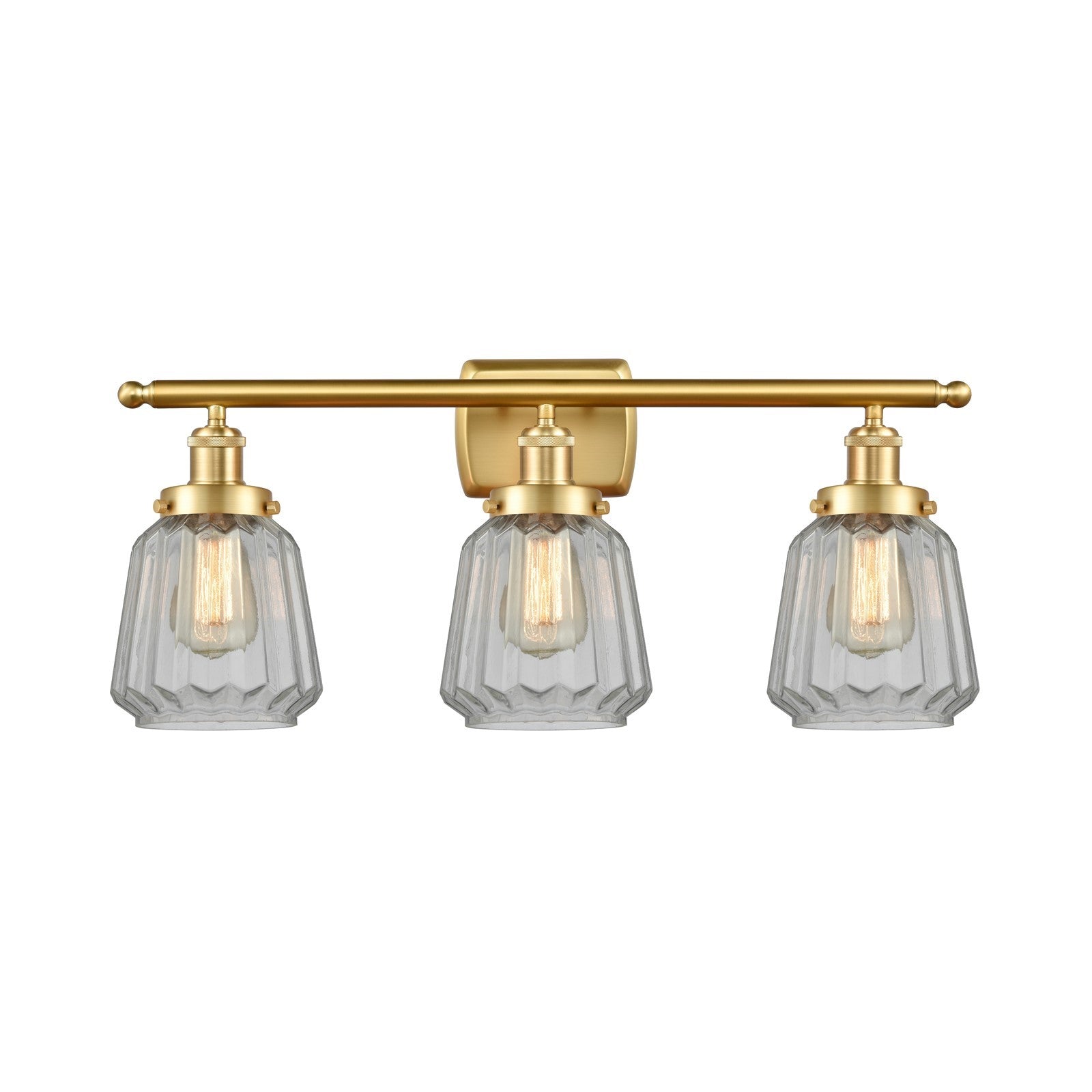 Innovations Chatham 27in 3-Light Bath Vanity Light | Modern Transitional Satin Gold Steel and Clear Ribbed Glass Shades | Bathroom | Model 916-3W-SG-G142