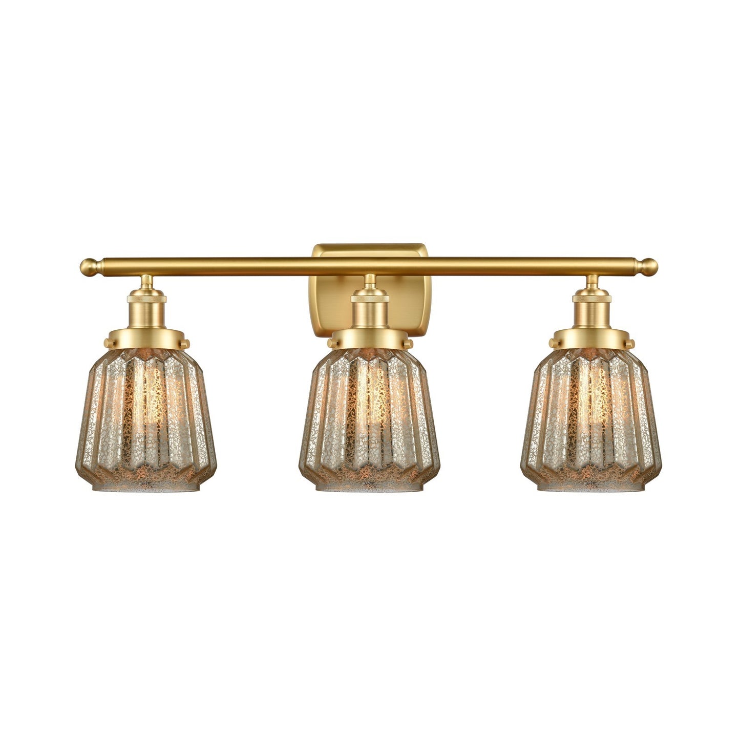 Innovations Chatham 27in 3-Light Bath Vanity Light | Modern Transitional Satin Gold Steel and Mercury Ribbed Glass Shades | Model 916-3W-SG-G146