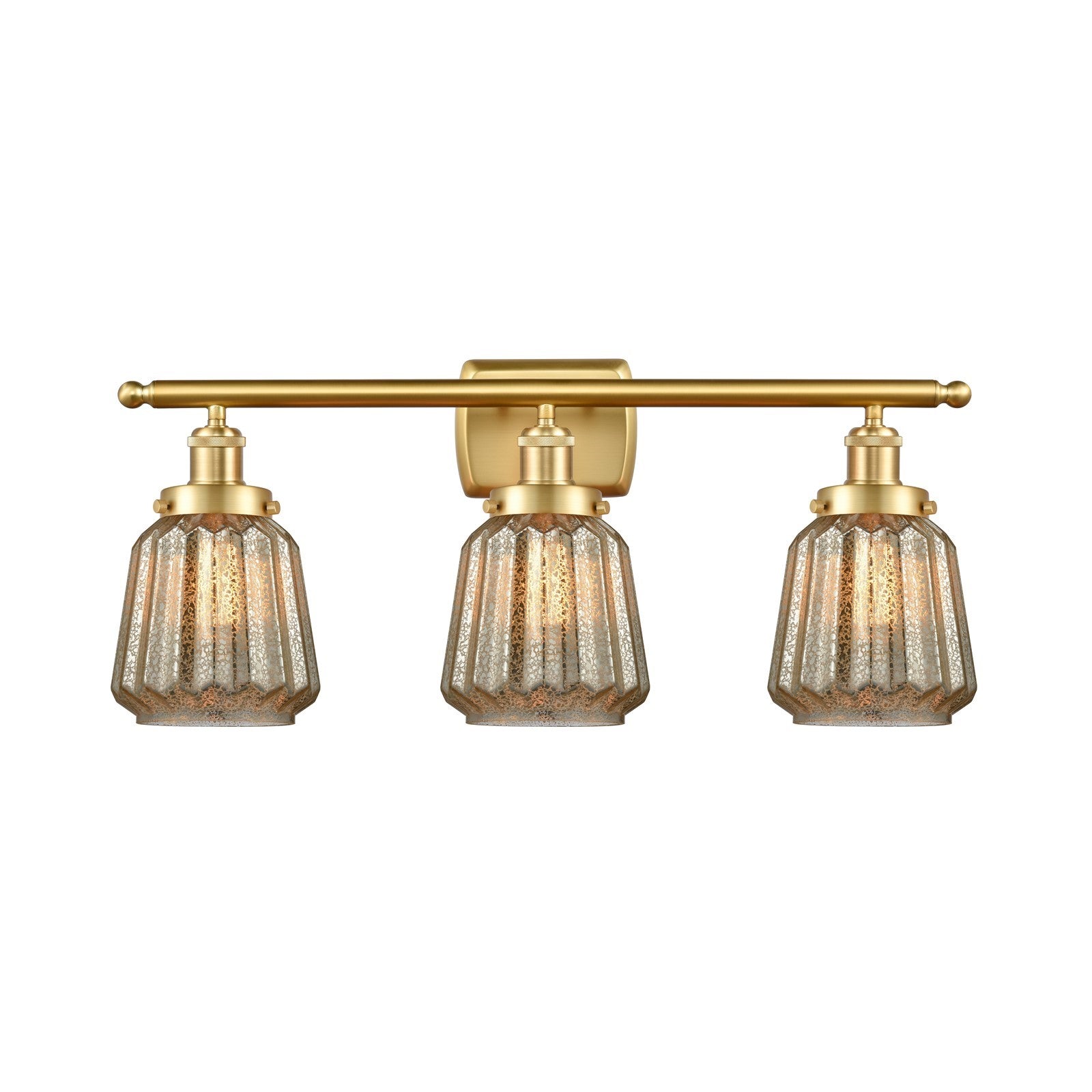 Innovations Chatham 27in 3-Light Bath Vanity Light | Modern Transitional Satin Gold Steel and Mercury Ribbed Glass Shades | Model 916-3W-SG-G146