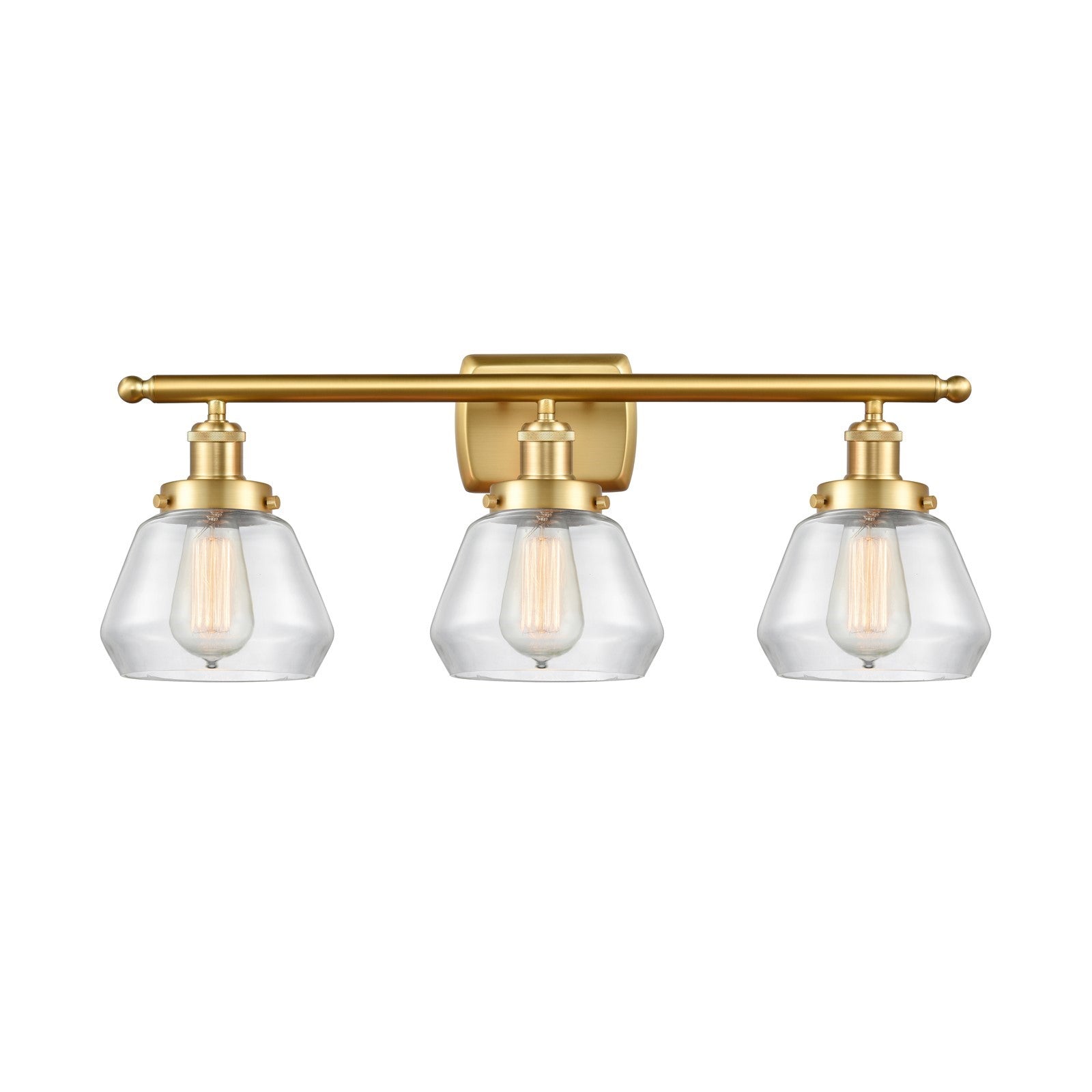 Innovations Fulton 27in 3-Light Bath Vanity Light | Modern Contempo Satin Gold Steel and Clear Glass Schoolhouse Shade | Bathroom | Model 916-3W-SG-G172