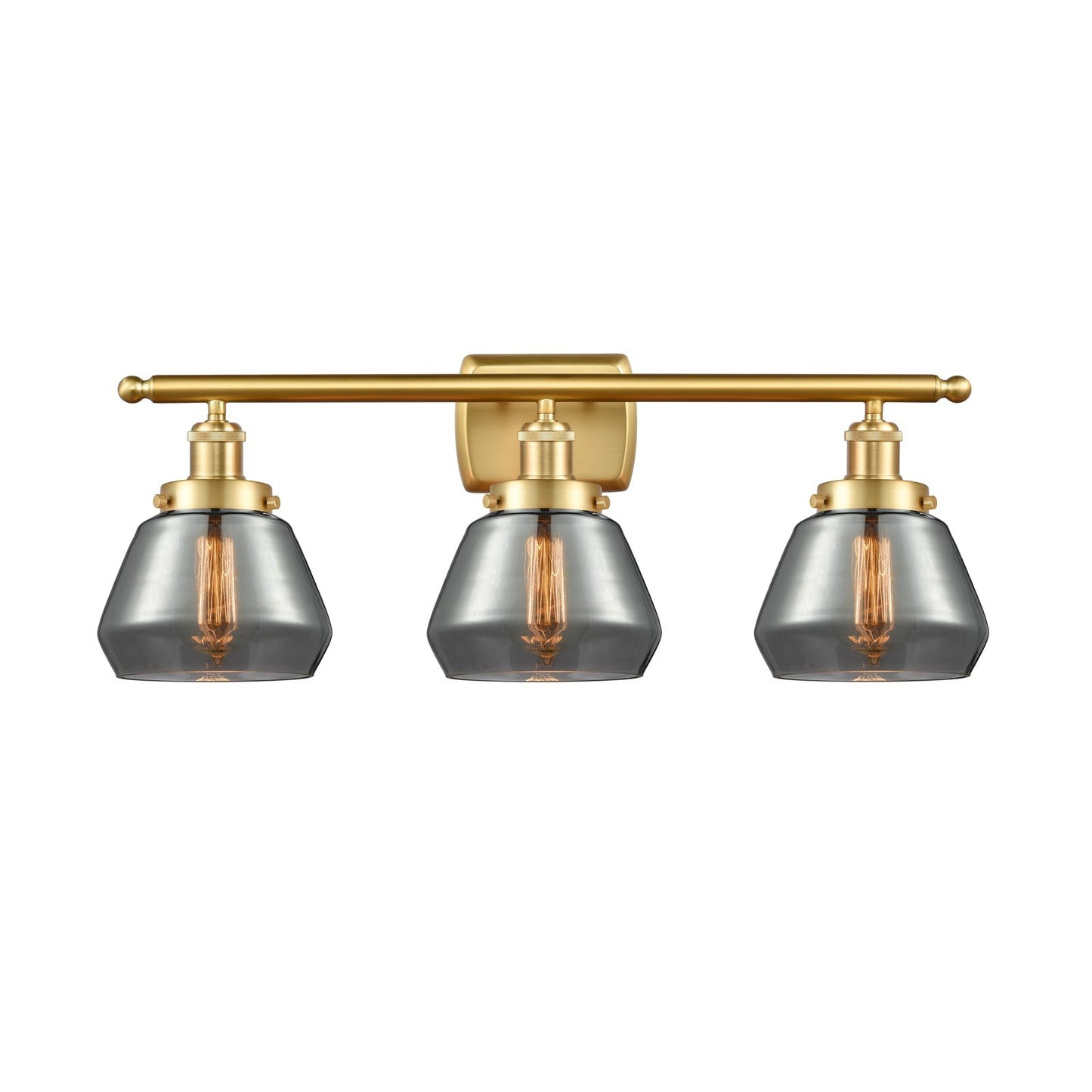 Innovations Fulton 27in 3-Light Bath Vanity Light | Modern Contempo Satin Gold Steel and Smoked Glass Schoolhouse Shade | Bathroom | Model 916-3W-SG-G173