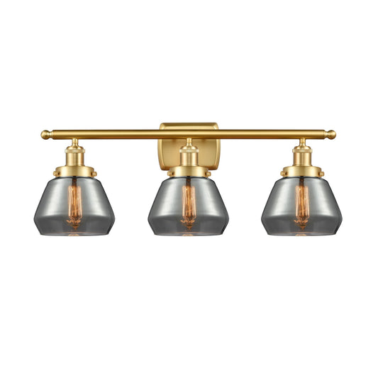 Innovations Fulton 27in 3-Light Bath Vanity Light | Modern Contempo Satin Gold Steel and Smoked Glass Schoolhouse Shade | Bathroom | Model 916-3W-SG-G173
